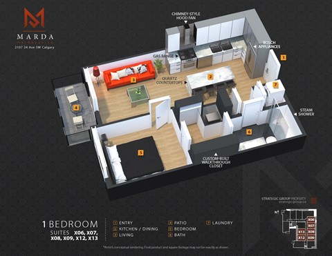 Floor plan for 1 bed, 1 bath, 536 sqft